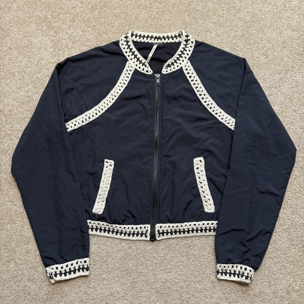 Free People Jacket Womens XS Blue Crochet Trim Bomber Crop Fit Zip Boho‎ Hippie